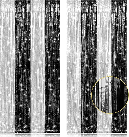 PIGETALE, 2 Pack 3.2 x 8.2 ft Black and Silver Foil Fringe Curtains