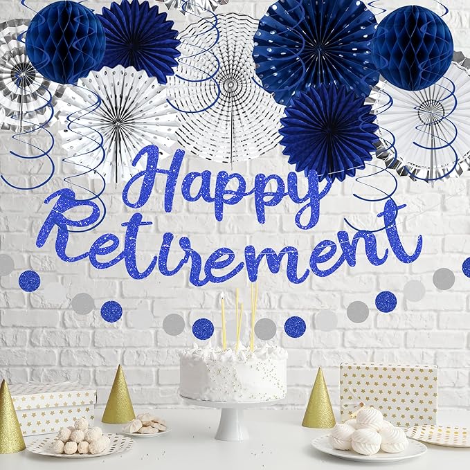 Blue Retirement Party Decorations for Men Women Silver Blue 19pc