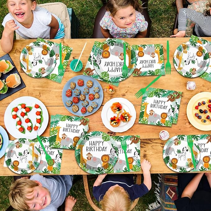 96PCS Jungle Birthday Party Plates and Napkins Safari Animals