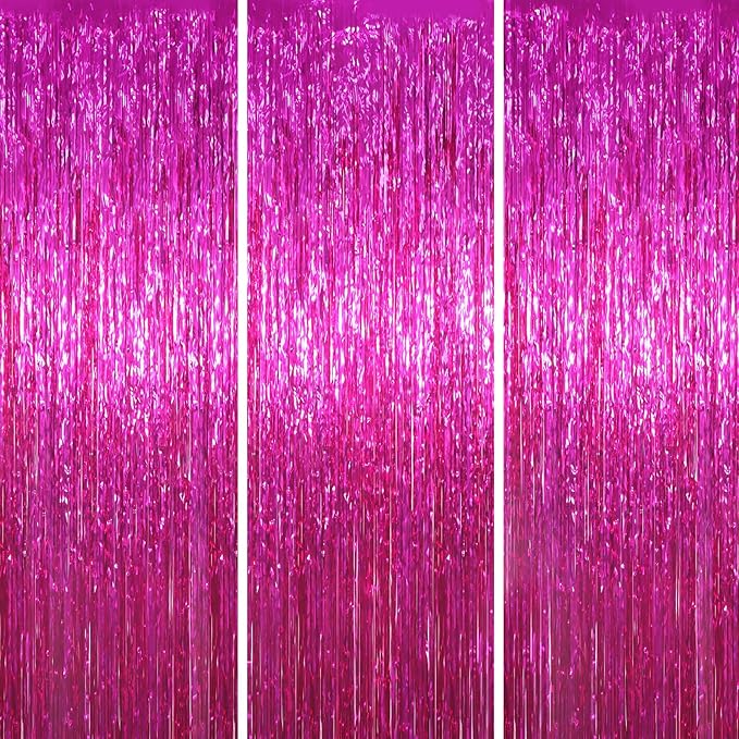 Voircoloria 3 Pack 3.3x8.2 Feet Pink Foil Fringe Backdrop Curtains,