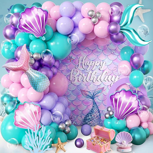 106pcs Mermaid Balloon Garland Arch Kit with Giant Foil Tail & 3