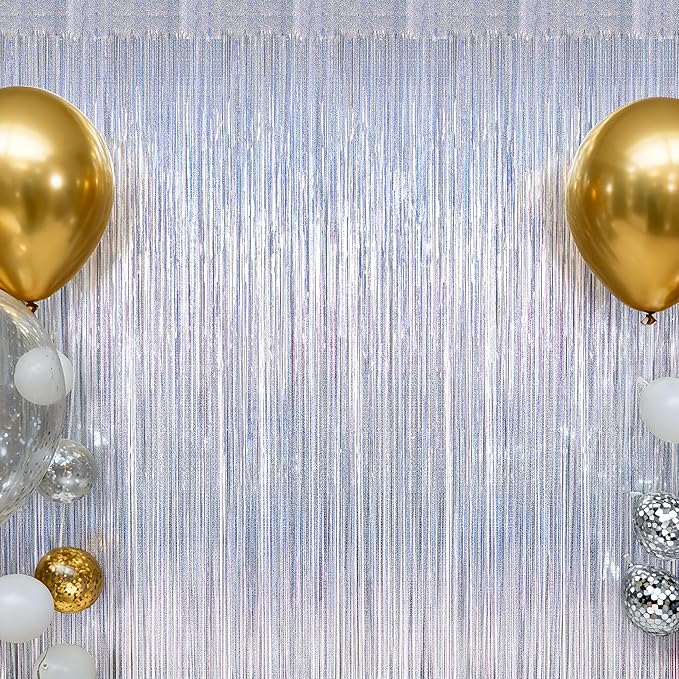 8 Pack 3.28 FT x 7.05 FT Tinsel Foil Fringe Backdrop, Glitter Silver
