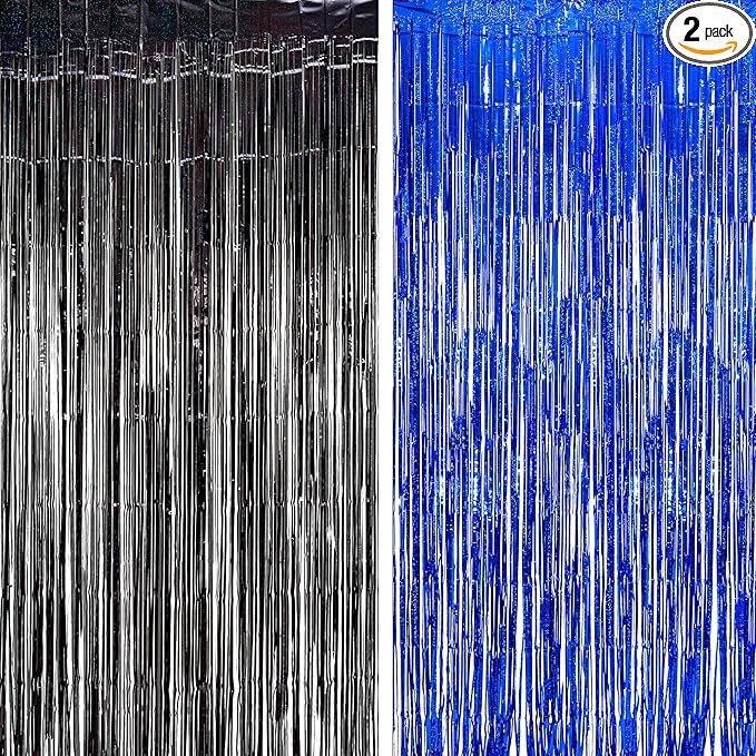 BRAVESHINE Foil Fringe Curtains - Black Blue Metallic Tinsel Photo