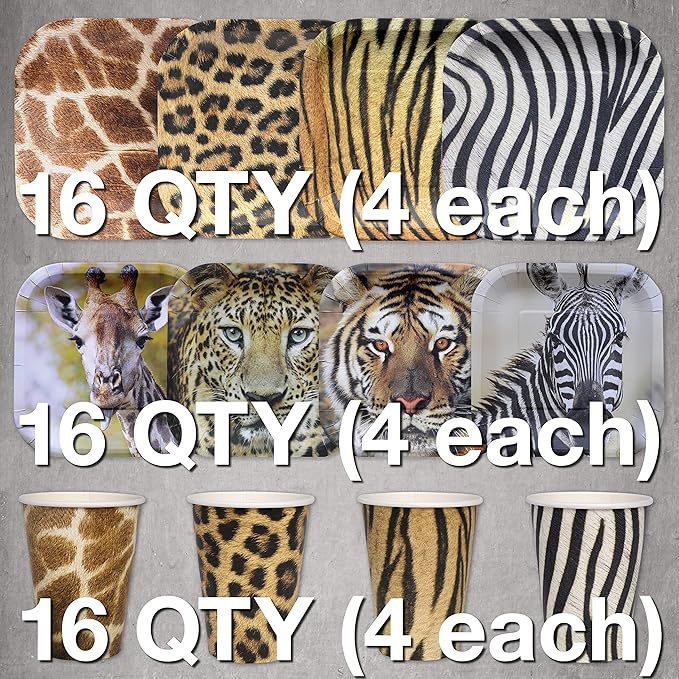 Safari Party Set for 16 guests 48 Pcs Tiger Leopard Giraffe and