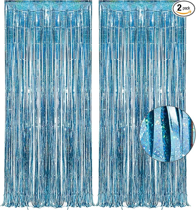Blue Tinsel Curtain Party Backdrop - GREATRIL Foil Curtain Party