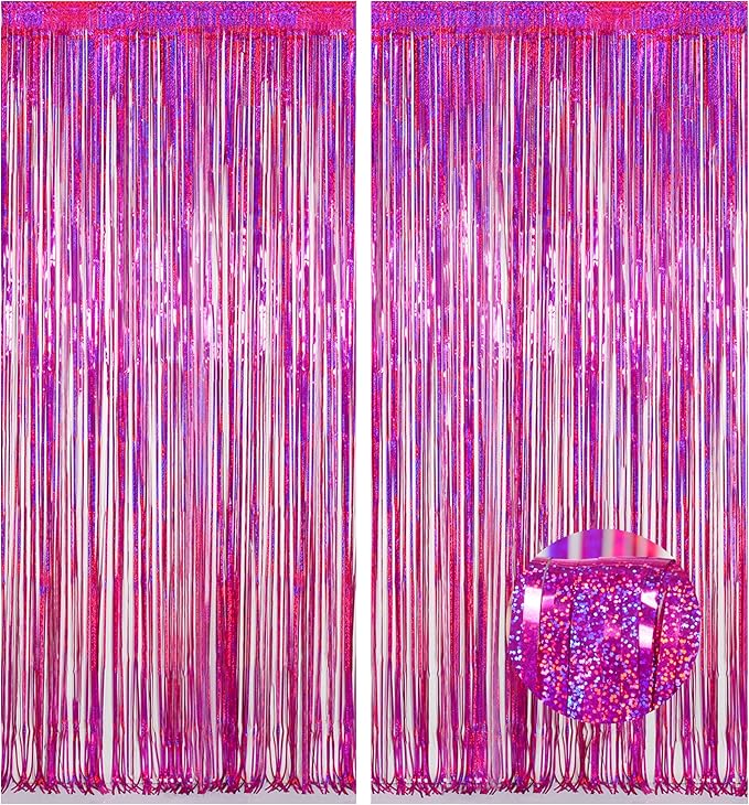 Melsan Hot Pink Tinsel Foil Fringe Curtains, Rose Red Sparkle Photo