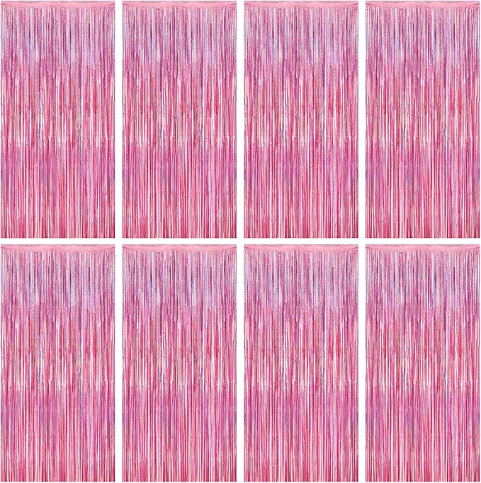 8 Pack Pink Backdrop, 3.28 FT x 7.05 FT Fringe Curtains, Metallic