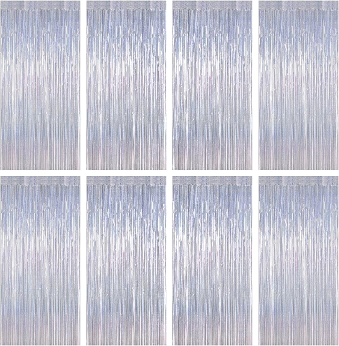 8 Pack 3.28 FT x 7.05 FT Tinsel Foil Fringe Backdrop, Glitter Silver