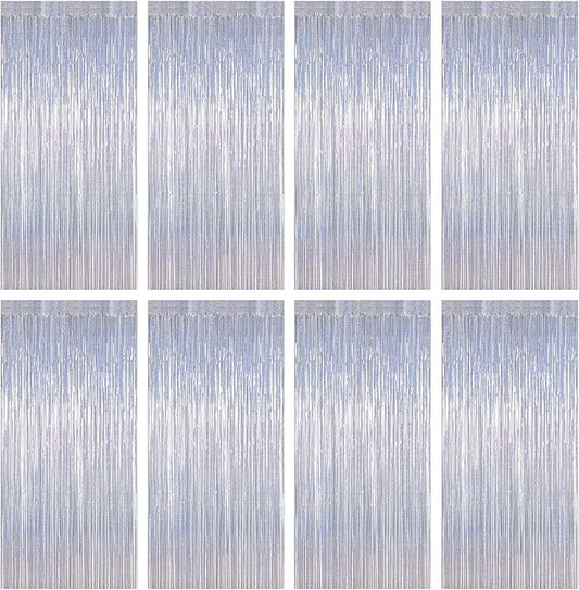 8 Pack 3.28 FT x 7.05 FT Tinsel Foil Fringe Backdrop, Glitter Silver