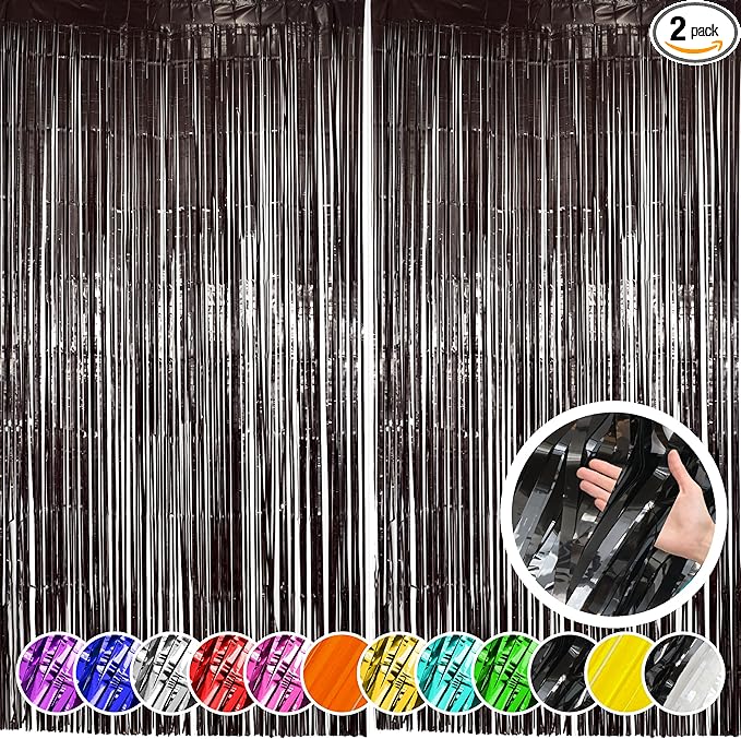 2 Pack Black Fringe Curtain Backdrop Black Streamers Halloween