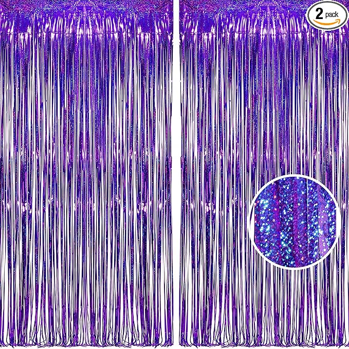 BRAVESHINE Purple Tinsel Foil Fringe Curtains - 2Pcs 3.2x8.2ft Party