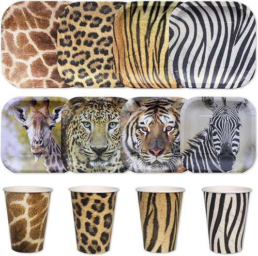 Safari Party Set for 16 guests 48 Pcs Tiger Leopard Giraffe and