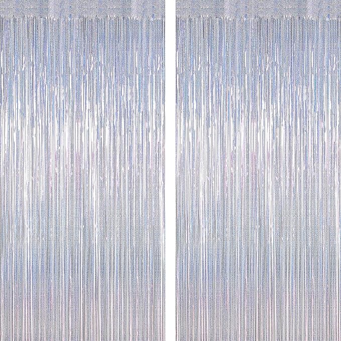 2 Pack Silver Metallic Tinsel Foil Curtains, 3.28 FT x 7.05 FT