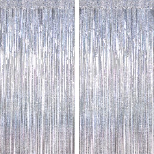 2 Pack Silver Metallic Tinsel Foil Curtains, 3.28 FT x 7.05 FT