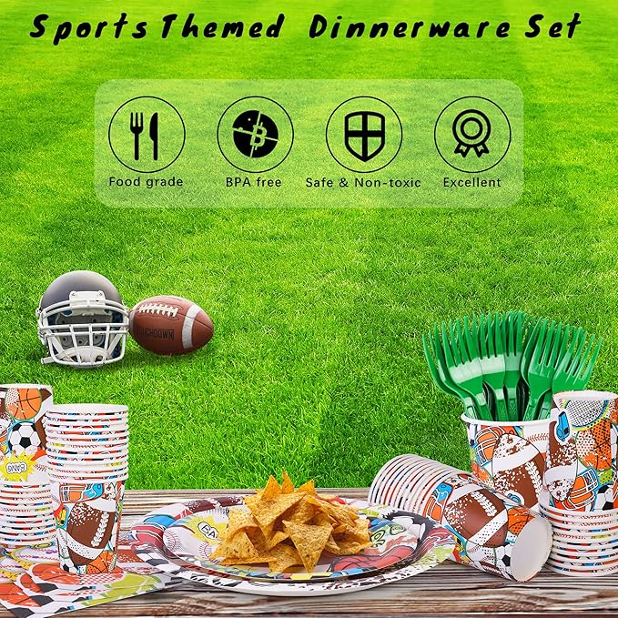 144 Pieces Sports Themed Paper Plates and Napkins Dinnerware Set